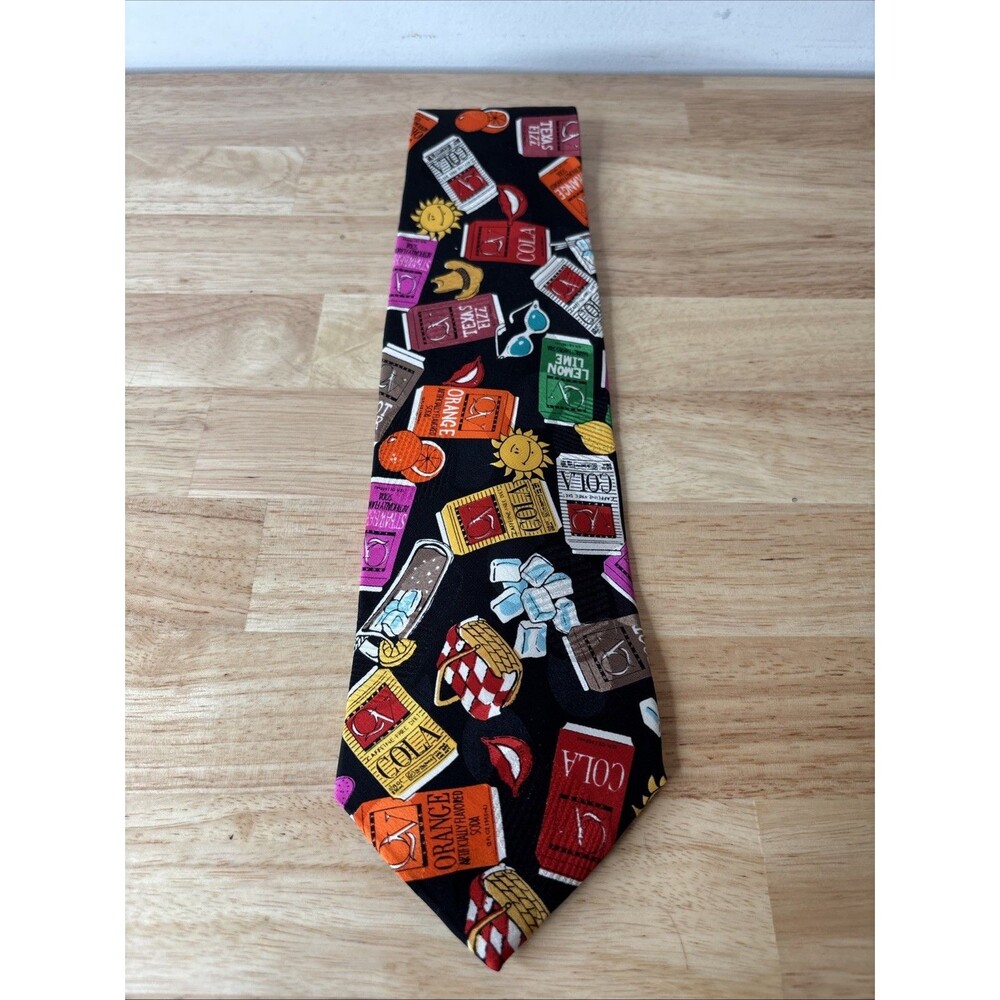 Vintage Pierre Balmain Silk Tie Pop Art Soda Can Picnic Retro 90s Novelty Black